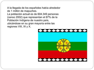 A la llegada de los españoles había alrededor de 1 millón de mapuches. La población actual es de 604.349 personas (censo 2002) que representan el 87% de la Población Indígena de nuestro país, ubicándose en su gran mayoría entre las regiones VIII, IX y X.   