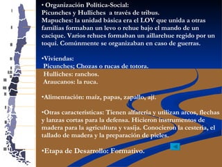 Organización Política-Social:  Picunches y Hulliches  a través de tribus. Mapuches: la unidad básica era el LOV que unida a otras familias formaban un levo o rehue bajo el mando de un cacique. Varios rehues formaban un aillarehue regido por un toqui. Comúnmente se organizaban en caso de guerras. Viviendas: Picunches; Chozas o rucas de totora.  Hulliches: ranchos. Araucanos: la ruca. Alimentación: maíz, papas, zapallo, ají. Otras características: Tienen alfarería y utilizan arcos, flechas y lanzas cortas para la defensa. Hicieron instrumentos de madera para la agricultura y vasija. Conocieron la cestería, el tallado de madera y la preparación de pieles. Etapa de Desarrollo: Formativo. 