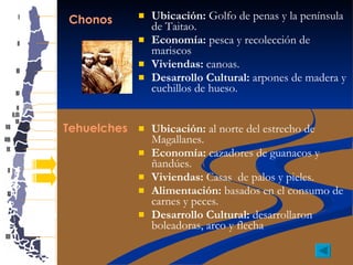 Chonos Ubicación:  Golfo de penas y la península de Taitao. Economía:  pesca y recolección de mariscos Viviendas:  canoas.  Desarrollo Cultural:  arpones de madera y cuchillos de hueso. Ubicación:  al norte del estrecho de Magallanes. Economía:  cazadores de guanacos y ñandúes. Viviendas:  Casas  de palos y pieles. Alimentación:  basados en el consumo de carnes y peces. Desarrollo Cultural:  desarrollaron boleadoras, arco y flecha Tehuelches 