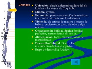 Changos Ubicación:  desde la desembocadura del río Loa hasta las costas de Coquimbo. Idioma:  aymará. Economía:  pesca y recolección de mariscos, intercambio de maíz con los diaguitas.   Vivienda:  de estacas de madera y huesos de ballena, cubierto con cuero de lobo y algas marinas. Organización Política-Social:  familias pequeñas, asentamientos dispersos. Alimentación:  focas, mariscos, lobos de marcalabazas. Desarrollo Cultural:  Desarrollan instrumentos de hueso y piedra. Etapa de desarrollo: Arcaico. 