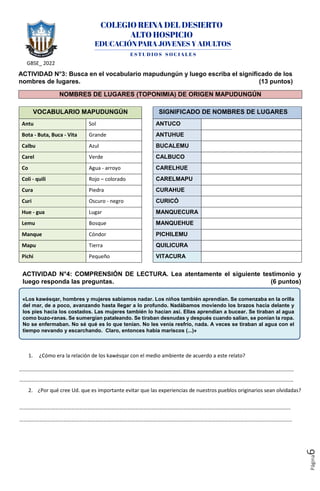 GBSE_ 2022
Página
6
ACTIVIDAD N°3: Busca en el vocabulario mapudungún y luego escriba el significado de los
nombres de lugares. (13 puntos)
NOMBRES DE LUGARES (TOPONIMIA) DE ORIGEN MAPUDUNGÚN
VOCABULARIO MAPUDUNGÚN SIGNIFICADO DE NOMBRES DE LUGARES
Antu Sol ANTUCO
Bota - Buta, Buca - Vita Grande ANTUHUE
Calbu Azul BUCALEMU
Carel Verde CALBUCO
Co Agua - arroyo CARELHUE
Coli - quili Rojo – colorado CARELMAPU
Cura Piedra CURAHUE
Curi Oscuro - negro CURICÓ
Hue - gua Lugar MANQUECURA
Lemu Bosque MANQUEHUE
Manque Cóndor PICHILEMU
Mapu Tierra QUILICURA
Pichi Pequeño VITACURA
ACTIVIDAD N°4: COMPRENSIÓN DE LECTURA. Lea atentamente el siguiente testimonio y
luego responda las preguntas. (6 puntos)
«Los kawésqar, hombres y mujeres sabíamos nadar. Los niños también aprendían. Se comenzaba en la orilla
del mar, de a poco, avanzando hasta llegar a lo profundo. Nadábamos moviendo los brazos hacia delante y
los pies hacia los costados. Las mujeres también lo hacían así. Ellas aprendían a bucear. Se tiraban al agua
como buzo-ranas. Se sumergían pataleando. Se tiraban desnudas y después cuando salían, se ponían la ropa.
No se enfermaban. No sé qué es lo que tenían. No les venía resfrío, nada. A veces se tiraban al agua con el
tiempo nevando y escarchando. Claro, entonces había mariscos (...)»
1. ¿Cómo era la relación de los kawésqar con el medio ambiente de acuerdo a este relato?
………………………………………………………………………………………………………………………………………………………………………………………
………………………………………………………………………………………………………………………………………………………..……………………………
2. ¿Por qué cree Ud. que es importante evitar que las experiencias de nuestros pueblos originarios sean olvidadas?
……………………………………………………………………………………………………………………………………………………………………………………
…………………………………………………………………………………….………………………………………………………………………………………………
 