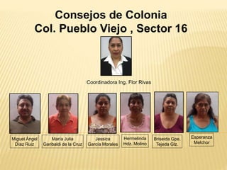 Consejos de Colonia
Col. Pueblo Viejo , Sector 16
Coordinadora Ing. Flor Rivas
Miguel Ángel
Díaz Ruiz
María Julia
Garibaldi de la Cruz
Jessica
García Morales
Hermelinda
Hdz. Molino
Briseida Gpe.
Tejeda Glz.
Esperanza
Melchor