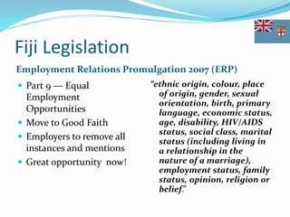 Fiji Legislation
Employment Relations Promulgation 2007 (ERP)
 Part 9 — Equal
Employment
Opportunities
 Move to Good Faith
 Employers to remove all
instances and mentions
 Great opportunity now!
“ethnic origin, colour, place
of origin, gender, sexual
orientation, birth, primary
language, economic status,
age, disability, HIV/AIDS
status, social class, marital
status (including living in
a relationship in the
nature of a marriage),
employment status, family
status, opinion, religion or
belief.”
 