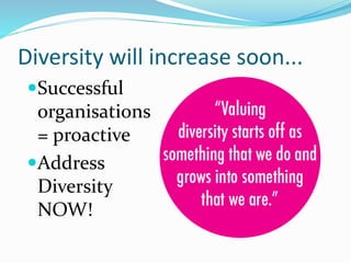 Diversity will increase soon...
Successful
organisations
= proactive
Address
Diversity
NOW!
 