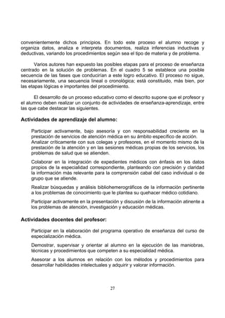 convenientemente dichos principios. En todo este proceso el alumno recoge y
organiza datos, analiza e interpreta documentos, realiza inferencias inductivas y
deductivas, variando los procedimientos según sea el tipo de materia y de problema.
Varios autores han expuesto las posibles etapas para el proceso de enseñanza
centrado en la solución de problemas. En el cuadro 5 se establece una posible
secuencia de las fases que conducirían a este logro educativo. El proceso no sigue,
necesariamente, una secuencia lineal o cronológica; está constituido, más bien, por
las etapas lógicas e importantes del procedimiento.
El desarrollo de un proceso educativo como el descrito supone que el profesor y
el alumno deben realizar un conjunto de actividades de enseñanza-aprendizaje, entre
las que cabe destacar las siguientes.

Actividades de aprendizaje del alumno:
Participar activamente, bajo asesoría y con responsabilidad creciente en la
prestación de servicios de atención médica en su ámbito específico de acción.
Analizar críticamente con sus colegas y profesores, en el momento mismo de la
prestación de la atención y en las sesiones médicas propias de los servicios, los
problemas de salud que se atienden.
Colaborar en la integración de expedientes médicos con énfasis en los datos
propios de la especialidad correspondiente, planteando con precisión y claridad
la información más relevante para la comprensión cabal del caso individual o de
grupo que se atiende.
Realizar búsquedas y análisis bibliohemerográficos de la información pertinente
a los problemas de conocimiento que le plantea su quehacer médico cotidiano.
Participar activamente en la presentación y discusión de la información atinente a
los problemas de atención, investigación y educación médicas.

Actividades docentes del profesor:
Participar en la elaboración del programa operativo de enseñanza del curso de
especialización médica.
Demostrar, supervisar y orientar al alumno en la ejecución de las maniobras,
técnicas y procedimientos que competen a su especialidad médica.
Asesorar a los alumnos en relación con los métodos y procedimientos para
desarrollar habilidades intelectuales y adquirir y valorar información.

27

 