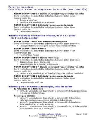 Puente de palos de helado Página 4 de 13
Desarrollado por IEEE como parte de TryEngineering
www.tryengineering.org
P a r a l o s m a e s t r o s :
C o n c o r d a n c i a c o n l o s p r o g r a m a s d e e s t u d i o ( c o n t i n u a c i ó n )
NORMA DE CONTENIDO F: Ciencia en perspectivas personales y sociales
Como resultado de las actividades, todos los estudiantes deben lograr
la comprensión de:
Riesgos y beneficios
La ciencia y la tecnología en la sociedad
NORMA DE CONTENIDO G: Historia y naturaleza de la ciencia
Como resultado de las actividades, todos los estudiantes deben lograr
la comprensión de:
La historia de la ciencia
Normas nacionales de educación científica, de 9º a 12º grado
(de 14 a 18 años de edad)
NORMA DE CONTENIDO A: La ciencia como indagación
Como resultado de las actividades, todos los estudiantes deben desarrollar:
Las capacidades necesarias para realizar indagaciones científicas
NORMA DE CONTENIDO B: Física
Como resultado de las actividades, todos los estudiantes deben lograr
la comprensión de:
Movimientos y fuerzas
NORMA DE CONTENIDO E: Ciencia y tecnología
Como resultado de las actividades, todos los estudiantes deben desarrollar:
Capacidades de diseño tecnológico
La comprensión de la ciencia y la tecnología
NORMA DE CONTENIDO F: Ciencia en perspectivas personales y sociales
Como resultado de las actividades, todos los estudiantes deben lograr
la comprensión de:
La ciencia y la tecnología en los desafíos locales, nacionales y mundiales
NORMA DE CONTENIDO G: Historia y naturaleza de la ciencia
Como resultado de las actividades, todos los estudiantes deben lograr
la comprensión de:
Las perspectivas históricas
Normas para la competencia tecnológica, todas las edades
La naturaleza de la tecnología
Norma 1: Los estudiantes desarrollarán la comprensión de las características
y el alcance de la tecnología.
Tecnología y sociedad
Norma 4: Los estudiantes desarrollarán la comprensión de los efectos
culturales, sociales, económicos y políticos de la tecnología.
Norma 5: Los estudiantes desarrollarán la comprensión de los efectos
de la tecnología en el medio ambiente.
Norma 6: Los estudiantes desarrollarán la comprensión del rol de la sociedad
en el desarrollo y uso de la tecnología.
 
