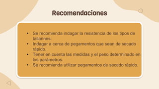 Recomendaciones
• Se recomienda indagar la resistencia de los tipos de
tallarines.
• Indagar a cerca de pegamentos que sean de secado
rápido.
• Tener en cuenta las medidas y el peso determinado en
los parámetros.
• Se recomienda utilizar pegamentos de secado rápido.
 