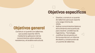 Construir un puente con tallarines
que pueda soportar 250 N,
mediante la aplicacion de los
conocimientos sobre estatica,
resistencia y el analisis estructural.
• Diseñar y construir un puente
de tallarines para que soporte
una carga mínima de
250N.
• Aplicar conocimientos básicos
de la dinámica de la partícula
para resolver problemas de
Ingeniería y Tecnología.
• Justificar los proyectos en
forma escrita con un informe
de diseño y construcción de
un puente de tallarines.
Objetivos general
Objetivos especificos
 