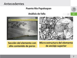 Antecedentes
                 Puente Río Papaloapan

                   Análisis de falla




  Sección del elemento con   Micro-estructura del elemento
   alto contenido de poros        de anclaje superior



                                                             7
 