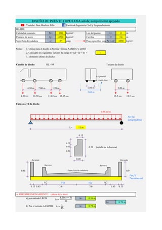 Youtube: Jhon Muchica Sillo Facebook:Ingeniería Civíl y Emprendimiento
Calidad de concreto f'c= 280 kg/cm2 Luz del puente L= 11 m
Fluencia de acero fy= 4200 kg/cm2 Carriles 2 3.6 m
Superficie de rodadura e= 3 '' pulg. Peso especifico superficie de rodadura
Pe (s.r)= 2250 kg/m3
Notas: 1. Utilice para el diseño la Norma Técnica AASHTO y LRFD
2. Considere los siguientes factores de carga: n= nd = nr = n1 = 1
3. Momento último de diseño:
Camión de diseño HL - 93 Tandem de diseño
0.6
0.3
4.30 m 7.00 m 1.80 m 3.20 m
3.60 m
4.20 13.65 13.65 18.5
Carga carril de diseño
0.96 tn/m
L= 11 m
0.15
0.25
0.05 0.50 (detalle de la barrera)
0.20
0.20
0.90 0.9
0.15 0.65 3.6 3.6 0.65 0.15
a) por método LRFD: h= 0.56 m
h= 0.70 m
b) Por el método AASHTO: h= 0.73 m
A. PREDIMENSIONAMIENTO (altura de la losa)
16.50
1.20 m
18.5
0.2 0.2
DATOS:
DISEÑO DE PUENTE (TIPO LOSA sólida) simplemente apoyado
𝑡𝑜𝑛 𝑡𝑜𝑛 𝑡𝑜𝑛 𝑡𝑜𝑛
𝑔𝑒𝑛𝑒𝑟𝑎𝑙
𝑣𝑢𝑒𝑙𝑜 𝑙𝑜𝑠𝑎
𝑡𝑜𝑛 𝑡𝑜𝑛
𝐵𝑎𝑟𝑎𝑛𝑑𝑎
𝐵𝑎𝑟𝑟𝑒𝑟𝑎
𝐵𝑎𝑟𝑎𝑛𝑑𝑎
𝐵𝑎𝑟𝑟𝑒𝑟𝑎
𝑆𝑢𝑝𝑒𝑟𝑓𝑖𝑐𝑖𝑒 𝑑𝑒 𝑟𝑜𝑑𝑎𝑑𝑢𝑟𝑎
𝑃𝑒𝑟𝑓𝑖𝑙
𝐿𝑜𝑛𝑔𝑖𝑡𝑢𝑑𝑖𝑛𝑎𝑙
𝑃𝑒𝑟𝑓𝑖𝑙
𝑇𝑟𝑎𝑛𝑠𝑣𝑒𝑟𝑠𝑎𝑙
𝑉í𝑎 𝑉í𝑎
ℎ =
1.20(𝑠 + 3)
30
ℎ =
𝐿
15
 