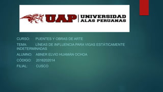 CURSO: PUENTES Y OBRAS DE ARTE
TEMA: LÍNEAS DE INFLUENCIA PARA VIGAS ESTÁTICAMENTE
INDETERMINADAS
ALUMNO: ABNER ELVIO HUAMÁN OCHOA
CÓDIGO: 2016202014
FILIAL: CUSCO
 