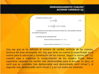 Una vez que se ha definido el número de carriles, anchura de los mismos,
anchura del área remanente, etc. hay que tener en cuenta lo especificado en la
norma para la ubicación y numeración de los mismos. Según la norma IAP- 11,
cuando vaya a realizarse la comprobación de los estados límite, deben
suponerse cargados los carriles más desfavorables para el estudio. Es decir, el
carril que se considere más desfavorable será denominado carril virtual 1, el
segundo más desfavorable carril virtual 2, y así con todos los restantes.
DIMENSIONAMIENTO |TABLERO
ACCIONES VARIABLES (Q)
 