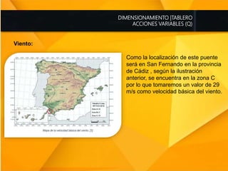 DIMENSIONAMIENTO |TABLERO
ACCIONES VARIABLES (Q)
Viento:
Como la localización de este puente
será en San Fernando en la provincia
de Cádiz , según la ilustración
anterior, se encuentra en la zona C
por lo que tomaremos un valor de 29
m/s como velocidad básica del viento.
 
