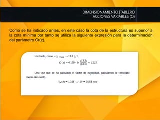 DIMENSIONAMIENTO |TABLERO
ACCIONES VARIABLES (Q)
Como se ha indicado antes, en este caso la cota de la estructura es superior a
la cota mínima por tanto se utiliza la siguiente expresión para la determinación
del parámetro Cr(z).
 