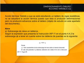 DIMENSIONAMIENTO |TABLERO
ACCIONES VARIABLES (Q)
Acción térmica: Debido a que se está estudiando un tablero de vigas isostáticas,
no se estudiará la acción térmica puesto que ésta si producirá deformaciones
pero no producirá esfuerzos sobre el tablero (objeto de estudio en este apartado
del documento).
Nieve
a) Sobrecarga de nieve en tableros.
Según la expresión que presenta la Instrucción IAP-11 en el punto 4.4.2 la
sobrecarga qk a tener en cuenta sobre los tableros de puentes es la siguiente:
 
