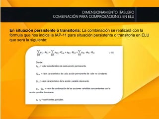 DIMENSIONAMIENTO |TABLERO
COMBINACIÓN PARA COMPROBACIONES EN ELU
En situación persistente o transitoria: La combinación se realizará con la
fórmula que nos indica la IAP-11 para situación persistente o transitoria en ELU
que será la siguiente:
 