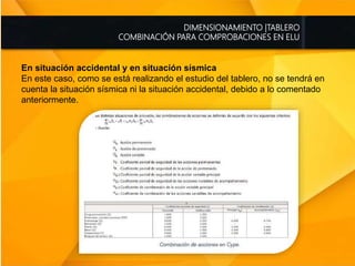 DIMENSIONAMIENTO |TABLERO
COMBINACIÓN PARA COMPROBACIONES EN ELU
En situación accidental y en situación sísmica
En este caso, como se está realizando el estudio del tablero, no se tendrá en
cuenta la situación sísmica ni la situación accidental, debido a lo comentado
anteriormente.
 