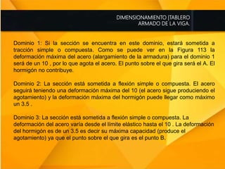 DIMENSIONAMIENTO |TABLERO
ARMADO DE LA VIGA.
Dominio 1: Si la sección se encuentra en este dominio, estará sometida a
tracción simple o compuesta. Como se puede ver en la Figura 113 la
deformación máxima del acero (alargamiento de la armadura) para el dominio 1
será de un 10 , por lo que agota el acero. El punto sobre el que gira será el A. El
hormigón no contribuye.
Dominio 2: La sección está sometida a flexión simple o compuesta. El acero
seguirá teniendo una deformación máxima del 10 (el acero sigue produciendo el
agotamiento) y la deformación máxima del hormigón puede llegar como máximo
un 3.5 .
Dominio 3: La sección está sometida a flexión simple o compuesta. La
deformación del acero varía desde el límite elástico hasta el 10 . La deformación
del hormigón es de un 3.5 es decir su máxima capacidad (produce el
agotamiento) ya que el punto sobre el que gira es el punto B.
 