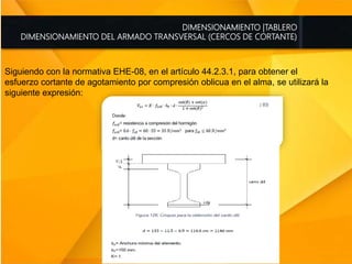 DIMENSIONAMIENTO |TABLERO
DIMENSIONAMIENTO DEL ARMADO TRANSVERSAL (CERCOS DE CORTANTE)
Siguiendo con la normativa EHE-08, en el artículo 44.2.3.1, para obtener el
esfuerzo cortante de agotamiento por compresión oblicua en el alma, se utilizará la
siguiente expresión:
 