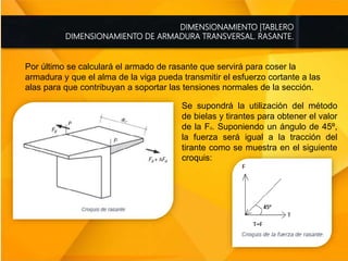 DIMENSIONAMIENTO |TABLERO
DIMENSIONAMIENTO DE ARMADURA TRANSVERSAL. RASANTE.
Por último se calculará el armado de rasante que servirá para coser la
armadura y que el alma de la viga pueda transmitir el esfuerzo cortante a las
alas para que contribuyan a soportar las tensiones normales de la sección.
Se supondrá la utilización del método
de bielas y tirantes para obtener el valor
de la Fd. Suponiendo un ángulo de 45º,
la fuerza será igual a la tracción del
tirante como se muestra en el siguiente
croquis:
 