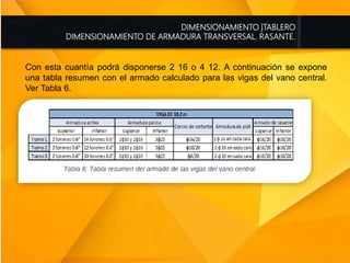 DIMENSIONAMIENTO |TABLERO
DIMENSIONAMIENTO DE ARMADURA TRANSVERSAL. RASANTE.
Con esta cuantía podrá disponerse 2 16 o 4 12. A continuación se expone
una tabla resumen con el armado calculado para las vigas del vano central.
Ver Tabla 6.
 