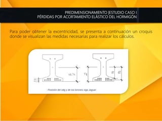 PREDIMENSIONAMIENTO |ESTUDIO CASO I
PÉRDIDAS POR ACORTAMIENTO ELÁSTICO DEL HORMIGÓN
Para poder obtener la excentricidad, se presenta a continuación un croquis
donde se visualizan las medidas necesarias para realizar los cálculos.
 