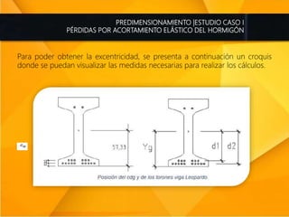 PREDIMENSIONAMIENTO |ESTUDIO CASO I
PÉRDIDAS POR ACORTAMIENTO ELÁSTICO DEL HORMIGÓN
Para poder obtener la excentricidad, se presenta a continuación un croquis
donde se puedan visualizar las medidas necesarias para realizar los cálculos.
 