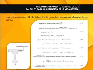 Una vez realizado el cálculo del centro de gravedad, se calculará el momento de
inercia.
PREDIMENSIONAMIENTO |ESTUDIO CASO I
CÁLCULOS PARA LA OBTENCIÓN DE LA VIGA ÓPTIMA
 