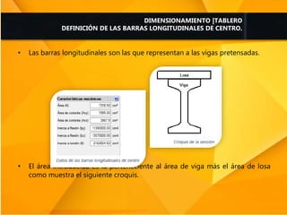 • Las barras longitudinales son las que representan a las vigas pretensadas.
• El área introducida es la perteneciente al área de viga más el área de losa
como muestra el siguiente croquis.
DIMENSIONAMIENTO |TABLERO
DEFINICIÓN DE LAS BARRAS LONGITUDINALES DE CENTRO.
 