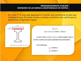 • En el eje "z" el área que aguantará el cortante será únicamente el área que
simboliza la losa. Por tanto, el área a cortante a introducir Avz será la que se
presenta en el siguiente croquis:
DIMENSIONAMIENTO |TABLERO
DEFINICIÓN DE LAS BARRAS LONGITUDINALES DE CENTRO.
 