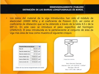 • Los datos del material de la viga introducidos han sido el módulo de
elasticidad (30000 MPa) y el coeficiente de Poisson (0.3), así como el
coeficiente de dilatación que se ha obtenido a través de la tabla 4.3-c de la
IAP-11. En este caso se introduce el peso específico del hormigón
(25kN/m3). El área introducida es la perteneciente al conjunto de área de
viga más área de losa como muestra el siguiente croquis:
DIMENSIONAMIENTO |TABLERO
DEFINICIÓN DE LAS BARRAS LONGITUDINALES DE BORDE.
 