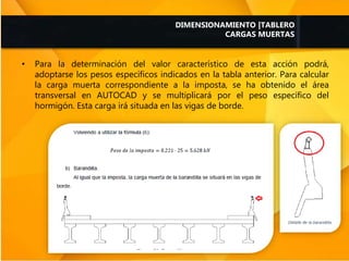 • Para la determinación del valor característico de esta acción podrá,
adoptarse los pesos específicos indicados en la tabla anterior. Para calcular
la carga muerta correspondiente a la imposta, se ha obtenido el área
transversal en AUTOCAD y se multiplicará por el peso específico del
hormigón. Esta carga irá situada en las vigas de borde.
DIMENSIONAMIENTO |TABLERO
CARGAS MUERTAS
 