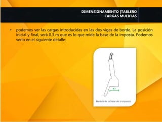 • podemos ver las cargas introducidas en las dos vigas de borde. La posición
inicial y final, será 0.3 m que es lo que mide la base de la imposta. Podemos
verlo en el siguiente detalle:
DIMENSIONAMIENTO |TABLERO
CARGAS MUERTAS
 