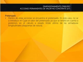 Pretensado
• Dentro de estas acciones se encuentra el pretensado. En este caso, no se
a introducir en Cype el valor del pretensado ya que se tendrá en cuenta a
posteriori, en el cálculo a estado límite último de las armaduras
longitudinales (diagramas de rotura).
DIMENSIONAMIENTO |TABLERO
ACCIONES PERMANENTES DE VALOR NO CONSTANTE (G*)
 