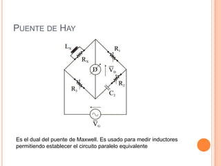 PUENTE DE HAY
Es el dual del puente de Maxwell. Es usado para medir inductores
permitiendo establecer el circuito paralelo equivalente
 
