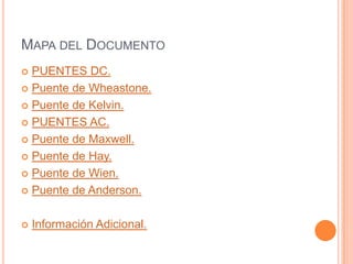 MAPA DEL DOCUMENTO
 PUENTES DC.
 Puente de Wheastone.
 Puente de Kelvin.
 PUENTES AC.
 Puente de Maxwell.
 Puente de Hay.
 Puente de Wien.
 Puente de Anderson.
 Información Adicional.
 