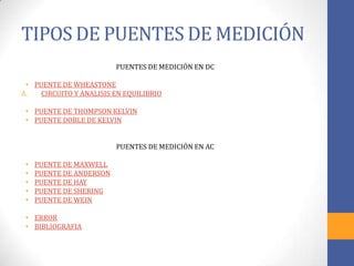 TIPOS DE PUENTES DE MEDICIÓN
PUENTES DE MEDICIÓN EN DC
• PUENTE DE WHEASTONE
A. CIRCUITO Y ANALISIS EN EQUILIBRIO
• PUENTE DE THOMPSON KELVIN
• PUENTE DOBLE DE KELVIN
PUENTES DE MEDICIÓN EN AC
• PUENTE DE MAXWELL
• PUENTE DE ANDERSON
• PUENTE DE HAY
• PUENTE DE SHERING
• PUENTE DE WEIN
• ERROR
• BIBLIOGRAFIA
 
