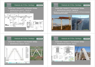 Viaducto de O Eixo. Santiago
Corredor Norte - Noroeste A.V. Tramo Boqueixón- Santiago
‰ DESCRIPCIÓN DEL VIADUCTO. TABLERO (2).
9 Cálculo del tablero. Flexión, cortante y torsión.
Viaducto de O Eixo. Santiago
Corredor Norte - Noroeste A.V. Tramo Boqueixón- Santiago
‰ DESCRIPCIÓN DEL VIADUCTO. TABLERO (3).
9 Ejecución de un vano por semana (400 m3 de hormigón y 91.000 kg de armaduras).
9 Autocimbra pesa 900 toneladas.
Viaducto de O Eixo. Santiago
Corredor Norte - Noroeste A.V. Tramo Boqueixón- Santiago
‰ DESCRIPCIÓN DEL VIADUCTO. ARCO (1).
Viaducto de O Eixo. Santiago
Corredor Norte - Noroeste A.V. Tramo Boqueixón- Santiago
‰ DESCRIPCIÓN DEL VIADUCTO. ARCO (2).
 