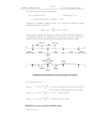 III-55
PUENTES Y OBRAS DE ARTE                                    Ing. Arturo Rodríguez Serquén

      El ancho de franja en que se distribuye es:

         E(-) = 1220+0.25 S’                                  (Tabla 4.6.2.1.3-1)

             = 1220+0.25(2100)= 1745mm = 1.75m

      Entonces, el momento negativo crítico en B, incluido el efecto de carga
      dinámica y el ancho de franja es:

                                             3.36
                             MB(-)LL+IM= -        x1.33 = -2.55 T-m
                                             1.75

      Conociendo la posición de cargas que genera el máximo momento negativo en
      B, calculamos también los momentos en la cara de la viga a la izquierda y
      derecha resolviendo la losa hiperestática apoyada sobre las cuatro vigas:




      De donde se obtiene:

                               1.2 x1.33
      M(-)LL+IM   = − 2.79 x             = − 2.54 Tm (en el eje B, similar al valor -2.55Tm
                                 1.75
                                           que se obtuvo usando la línea de influencia MB)
                               1.2 x1.33
      M(-)LL+IM, izq = −1.92 x           = −1.75 Tm (cara izq. de B)
                                 1.75

                                 1.2 x1.33
      M(-)LL+IM, der= − 2.04 x             = −1.86 Tm (cara der. de B)
                                   1.75


                               A4-
     MÉTODO B: Uso de la Tabla A4-1(AASHTO LRFD)

      Para S= 2.10 m:
 