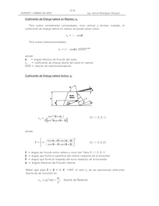 V-4
PUENTES Y OBRAS DE ARTE                                            Ing. Arturo Rodríguez Serquén

   Coeficiente de Empuje Lateral en Reposo, ko

      Para suelos normalmente consolidados, muro vertical y terreno nivelado, el
   coeficiente de empuje lateral en reposo se puede tomar como:

                                                 ko = 1 - senφ'f

         Para suelos sobreconsolidados:

                                        ko = (1 - senφ'f) (OCR )senφ'f

   donde:
   φ'f = ángulo efectivo de fricción del suelo
   ko  = coeficiente de empuje lateral del suelo en reposo
   OCR = relación de sobreconsolidación


   Coeficiente de Empuje Lateral Activo, ka




                           sen 2 ( θ + φ' f )                        (3.11.5.3-1)
                 ka =
                         [
                        Γ sen 2 θ.sen( θ − δ)     ]

   donde:

                                                               2
                         sen ( φ' f + δ ).sen ( φ' f −β ) 
              Γ =  +
                  1                                                 (3.11.5.3-2)
                         sen ( θ − δ ).sen ( θ + β ) 

   δ     = ángulo de fricción entre relleno y muro (ver Tabla 3.11.5.3-1)
   β     = ángulo que forma la superficie del relleno respecto de la horizontal
   θ     = ángulo que forma el respaldo del muro respecto de la horizontal
   φ'f   = ángulo efectivo de fricción interna

   Notar que para δ = β = 0, θ =90°, el valor ka de las expresiones anteriores
   (teoría de de Coulumb) es:
                                      Ø
                 k a = tg 2 ( 45 −      )     (teoría de Rankine)
                                      2
 