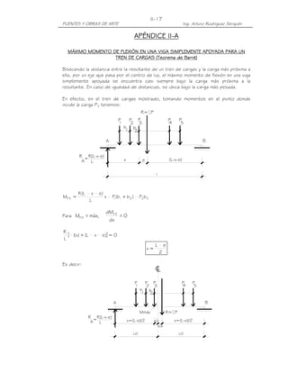 II-17
PUENTES Y OBRAS DE ARTE                                                                    Ing. Arturo Rodríguez Serquén

                                                              II-
                                                     APÉNDICE II-A

    MÁXIMO MOMENTO DE FLEXIÓN EN UNA VIGA SIMPLEMENTE APOYADA PARA UN
                    TREN DE CARGAS (Teorema de Barré)

Bisecando la distancia entre la resultante de un tren de cargas y la carga más próxima a
ella, por un eje que pasa por el centro de luz, el máximo momento de flexión en una viga
simplemente apoyada se encuentra casi siempre bajo la carga más próxima a la
resultante. En caso de igualdad de distancias, se ubica bajo la carga más pesada.

En efecto, en el tren de cargas mostrado, tomando momentos en el punto donde
incide la carga P3 tenemos:
                                                           R= P
                                          P    P P                               P     P
                                          1     2 3                              4     5
                                              b b
                                              1 2

                                  A                                                                 B


           R R(L-x-e)
             =                                x             e                    (L-x-e)
            A L

                                                                     L




           R (L      x       e)
MP 3 =                            x   P (b1 + b2 )
                                       1                   P2b2
                    L

                                  dMP 3
Para MP 3 = máx,                        =0
                                   dx

R
    [   1 x) + (L
         (               x    e )] = 0
L
                                                                     L       e
                                                                x=
                                                                         2

Es decir:
                                                                     L
                                                     P      P P                            P   P
                                                     1       2 3                           4   5
                                                           b b
                                                           1 2

                                      A                                                              B

                                                           Mmáx              R= P
                  R R(L-x-e)
                    =                             x=(L-e)/2        e/2               x=(L-e)/2
                   A L
                                                                      e/2

                                                     L/2                               L/2
 
