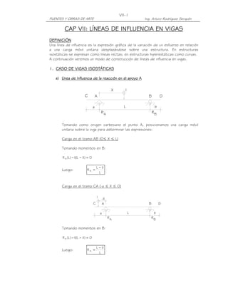 VII-1
PUENTES Y OBRAS DE ARTE                                     Ing. Arturo Rodríguez Serquén

         CAP VII: LÍNEAS DE INFLUENCIA EN VIGAS
             VII
              II:
DEFINICIÓN
DEFINICIÓN
Una línea de influencia es la expresión gráfica de la variación de un esfuerzo en relación
a una carga móvil unitaria desplazándose sobre una estructura. En estructuras
isostáticas se expresan como líneas rectas; en estructuras hiperestáticas como curvas.
A continuación veremos un modo de construcción de líneas de influencia en vigas.

1. CASO DE VIGAS ISOSTÁTICAS

   a) Línea de Influencia de la reacción en el apoyo A


                                              X     1
                       C            A                         B        D

                                a                   L              b
                                        RA                        RB

       Tomando como origen cartesiano el punto A, posicionamos una carga móvil
       unitaria sobre la viga para determinar las expresiones:

       Carga en el tramo AB (0≤ X ≤ L)

       Tomando momentos en B:

       R A (L ) −1 L − X) = 0
                  ((

                                    L−X
       Luego:            RA =
                                     L


       Carga en el tramo CA (-a ≤ X ≤ 0)

                                  1 -X
                                C   A                         B        D

                                        a               L          b
                                             RA                   RB

       Tomando momentos en B:

       R A (L ) −1 L − X) = 0
                  ((

                                    L−X
       Luego:            RA =
                                     L
 