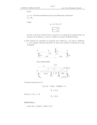 VII-7
PUENTES Y OBRAS DE ARTE                                                 Ing. Arturo Rodríguez Serquén

       Como:

       a1P = aP1 (Teorema de Maxwell acerca de deflexiones recíprocas)
       F = −R B
        1


       Luego:
                                             aP1 + a11( −R B ) = 0

                                                                 aP1
                                                       RB =
                                                                 a11

       Es decir la línea de influencia de la reacción en el apoyo B es proporcional a la
       ecuación de la elástica aP1 como lo señala el principio de Müller-Breslau.

   c) Para obtener RB calculamos la ecuación de la elástica aP1 así como la deflexión
       a11 por cualquier método disponible. En este caso usamos el método de la viga
       conjugada:

                                                            1
                     A                      P                    B               C
                                             a               a
                                                 P1           11
                          0.4                                                     0.6
                                       6m                              4m


                     VIGA CONJUGADA:
                                                           2.4
                                   X
                                                                            (10-X)0.6
                                                       +
                     A'                                                          C'
                                    0.4X               2    B'          8/3
                                                 7.2              4.8             R
                          R                                             (10-X)        C'
                              A'


   Tomando momentos en C’:

                                   RA’(10) - 7.2(6) - 4.8(8/3) = 0

                                                 RA’ = 5.6

   Como RA’ + RC’ = 12
                                                 RC’ = 6.4


   Cálculo de a11:

      a11(EI) = MB' = 5.6(6) − 7.2(2) = 19.2
 