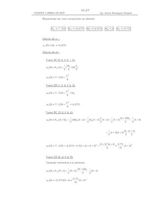 VII-27
PUENTES Y OBRAS DE ARTE                                              Ing. Arturo Rodríguez Serquén

      Resolviendo las cinco ecuaciones se obtiene:


               R A ' = 7.125          R D' = −0.375        ME' = 16.875   MB = 3        MC = −0.75



      Cálculo de a11:

      a11(EI) = ME' = 16.875

      Cálculo de aP1:

         Tramo AE (0 ≤ X ≤ 1.5):

                                  1 MB      X
         aP1(EI) = R A ' ( X) −    (   .X)X( )
                                  2 3       3

                                   X3
         aP1(EI) = 7.125X −
                                   6

         Tramo EB (1.5 ≤ X ≤ 3):

                                   X3
         aP1(EI) = 7.125X −           − ME'
                                   6


                                    X3
         aP1(EI) = 7.125X −            −16.875
                                    6

         Tramo BC (3 ≤ X ≤ 6):

                                        1                 1           2          1         (6 − X)MB 1
         aP1(EI) = R A ' ( X) − ME' −     (3)MB ( X − 2) − MB ( X − 3) ( X − 3) − ( X − 3)          . ( X − 3)
                                        2                 2           3          2             3     3


                                                                               1                 M ( X − 3)
                                                                           −     ( X − 3)( X − 3) c
                                                                               2                  3    3



                                                                     ( X − 3)2 (6 − X) 0.75
         aP1(EI) = 7.125X −16.875 − 4.5( X − 2) − ( X − 3)2 −                         +     .( X − 3) 3
                                                                             6          18


         Tramo CD (6 ≤ X ≤ 9):

         Tomando momentos a la derecha:

                                     1          (9 − X)Mc 1
         aP1(EI) = R D' (9 − X) −      (9 − X).          . (9 − X)
                                     2              3     3

                                          0.75
         aP1(EI) = −0.375(9 − X) +             (9 − X) 3
                                           18
 
