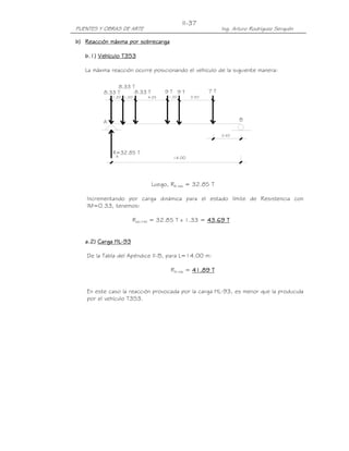 II-37
PUENTES Y OBRAS DE ARTE                                     Ing. Arturo Rodríguez Serquén

b) Reacción máxima por sobrecarga

   b.1) Vehículo T3S3

   La máxima reacción ocurre posicionando el vehículo de la siguiente manera:

               8.33 T
          8.33 T     8.33 T           9T 9T            7T
              1.20 1.20        4.25   1.20      3.50




          A                                                        B

                                                            2.65



              R=32.85 T
               A                        14.00




                                Luego, RA máx = 32.85 T

    Incrementando por carga dinámica para el estado límite de Resistencia con
    IM=0.33, tenemos:

                          Rs/c+IM = 32.85 T x 1.33 = 43.69 T


   a.2
   a.2) Carga HL-93
              HL-

    De la Tabla del Apéndice II-B, para L=14.00 m:

                                       RA máx = 41.89 T


    En este caso la reacción provocada por la carga HL-93, es menor que la producida
    por el vehículo T3S3.
 