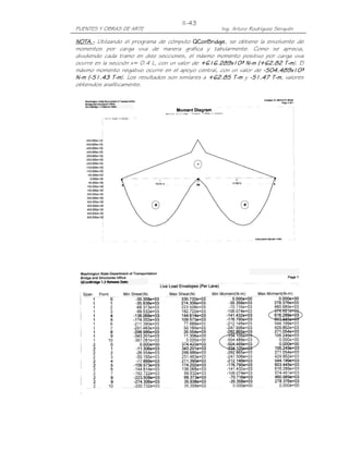 II-43
PUENTES Y OBRAS DE ARTE                             Ing. Arturo Rodríguez Serquén

NOTA.- Utilizando el programa de cómputo QConBridge, se obtiene la envolvente de
NOTA.-
momentos por carga viva de manera gráfica y tabularmente. Como se aprecia,
dividiendo cada tramo en diez secciones, el máximo momento positivo por carga viva
ocurre en la sección x= 0.4 L, con un valor de +616.289x10³ N-m (+62.82 T-m). El
                                                              N-          T-
máximo momento negativo ocurre en el apoyo central, con un valor de -504.489x10³
N-m (-51.43 T-m). Los resultados son similares a +62.85 T-m y -51.47 T-m, valores
              T-                                        T-             T-
obtenidos analíticamente.
 