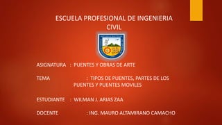 ESCUELA PROFESIONAL DE INGENIERIA
CIVIL
ASIGNATURA : PUENTES Y OBRAS DE ARTE
TEMA : TIPOS DE PUENTES, PARTES DE LOS
PUENTES Y PUENTES MOVILES
ESTUDIANTE : WILMAN J. ARIAS ZAA
DOCENTE : ING. MAURO ALTAMIRANO CAMACHO
 