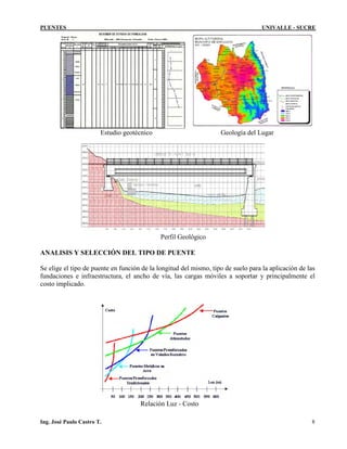 PUENTES UNIVALLE - SUCRE
Estudio geotécnico Geología del Lugar
Perfil Geológico
ANALISIS Y SELECCIÓN DEL TIPO DE PUENTE
Se elige el tipo de puente en función de la longitud del mismo, tipo de suelo para la aplicación de las
fundaciones e infraestructura, el ancho de vía, las cargas móviles a soportar y principalmente el
costo implicado.
Relación Luz - Costo
Ing. José Paulo Castro T. 8
 