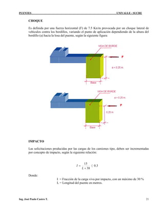 PUENTES UNIVALLE - SUCRE
CHOQUE
Es definida por una fuerza horizontal (F) de 7.5 Kn/m provocada por un choque lateral de
vehículos contra los bordillos, variando el punto de aplicación dependiendo de la altura del
bordillo (a) hacia la losa del puente, según la siguiente figura:
IMPACTO
Las solicitaciones producidas por las cargas de los camiones tipo, deben ser incrementadas
por concepto de impacto, según la siguiente relación:
3.0
38
15
〈
+
=
L
I
Donde:
I = Fracción de la carga viva por impacto, con un máximo de 30 %
L = Longitud del puente en metros.
Ing. José Paulo Castro T. 21
 