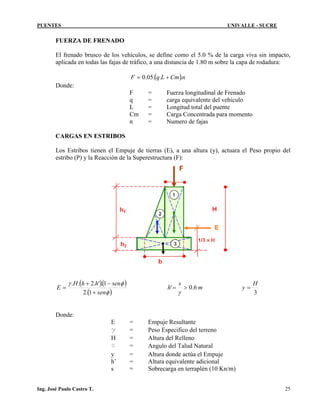 PUENTES UNIVALLE - SUCRE
FUERZA DE FRENADO
El frenado brusco de los vehículos, se define como el 5.0 % de la carga viva sin impacto,
aplicada en todas las fajas de tráfico, a una distancia de 1.80 m sobre la capa de rodadura:
( )nCmLqF ...05.0 +=
Donde:
F = Fuerza longitudinal de Frenado
q = carga equivalente del vehiculo
L = Longitud total del puente
Cm = Carga Concentrada para momento
n = Numero de fajas
CARGAS EN ESTRIBOS
Los Estribos tienen el Empuje de tierras (E), a una altura (y), actuara el Peso propio del
estribo (P) y la Reacción de la Superestructura (F):
( )( )
( )φ
φγ
sen
senhhH
E
+
−+
=
1.2
1.'.2..
m
s
h 6.0' >=
γ 3
H
y =
Donde:
E = Empuje Resultante
g = Peso Especifico del terreno
H = Altura del Relleno
Φ = Angulo del Talud Natural
y = Altura donde actúa el Empuje
h’ = Altura equivalente adicional
s = Sobrecarga en terraplén (10 Kn/m)
Ing. José Paulo Castro T. 25
 